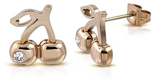 Bungsa Kirschen Ohrstecker roségold Zirkonia Kristall - 1 Paar Edelstahl (Cherries Ohrringe Ohrhänger Creolen Ohrschmuck Rotgold Ohrklemmen Damen Frauen Herren Mode)