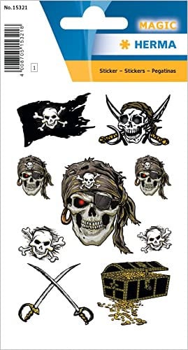 HERMA 15321 Aufkleber Totenkopf Glitzer klein groß, 9 Stück, Piraten Sticker mit Schatztruhe Piratenflagge Motiv, Kinder Etiketten für Fotoalbum Poesiealbum Scrapbooking Geburtstag Deko Briefe Basteln