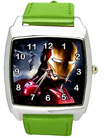 Taport® Iron Man Quarz-Armbanduhr, quadratisch, SCI FI, echtes Lederband, inklusive Ersatzakku und Geschenkbeutel, Grün