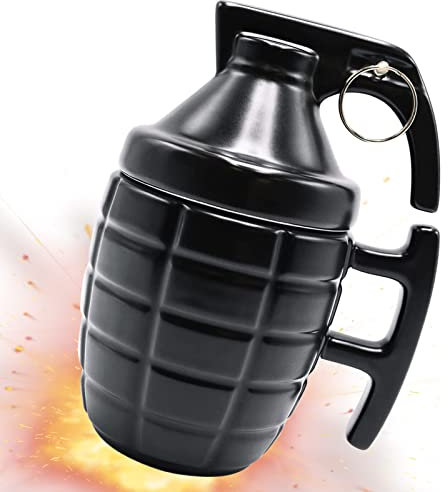 ASEOK Tazza Bombata Divertente a Forma di Granata - Ceramica 300 ml per Cappuccino, Caffè e Tè - Con Coperchio - Idea Regalo Originale (Nero)