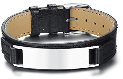 PJ JEWELLERY Personalisierte Gravur Herren Leder Armband Edelstahlplatte Benutzerdefinierte ID Name Armbänder für Ihn, Einstellbar, Silber