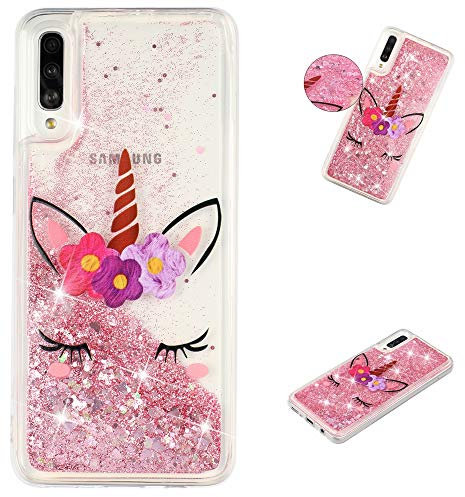 HopMore für Glitzer Hülle Samsung Galaxy A50 Handyhülle Glitzer Silikon 3D Flüssig Transparent Kreativ Muster Durchsichtig Schutzhülle Silikonhülle Stoßfest Case Cover - Einhorn