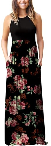 PCEAIIH Women's Casual Sleeveless Maxi Dress Loose Long Dresses with Pockets (XXL-B-Rose Black)