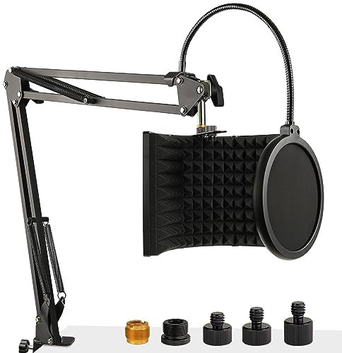 Microphone Isolation Shield with Mic Stand and Pop Filter, Foldable Sound Shield for Most Condenser Microphone Recording Equipment Studio, High Density Absorbent Foam to Filter Vocal by Frgyee