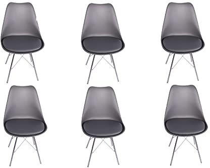 SAM 6er Set Schalenstuhl Lerche, Sitzschale grau, integriertes Kunstleder-Sitzkissen, Stuhl mit Gestell aus Chrom, Esszimmerstuhl im skandinavischen Stil