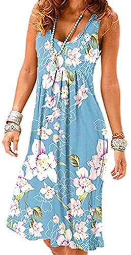 OMZIN Damen Kleider Basic A-Linie Kleider Basic Tunika Baumwolle Casual Kleid Blaue Lilie XS