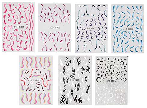 7 Sheets of Fire Flame Wave Lines Nail Stickers 3D Swirl Stripes Nail Stickers Self Adhesive Nail Art Stickers Nail Design for Nail Art Decoration Design