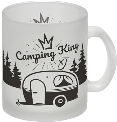 Camping King Glas Tasse mit wunderschönen Reisemotiven Als Geschenk für Reiselustige Fernweh Wohnwagen Wälder Berge Urlaub Glas Tasse Wenn man unter seinen Freunden echte Könige
