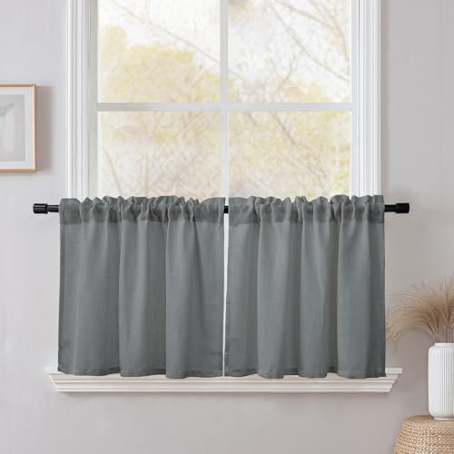 CUCRAF Scheibengardine Küchengardinen Bistrogardine 2er Set Natur Leinen H 60 x B 120 Grau Halb Transparent Stores Gardinen Fenster Leinenvorhang Gardinenschal