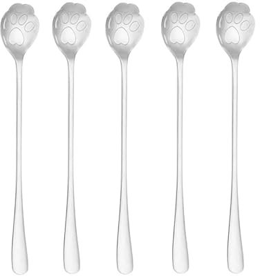 Juego de 10 cucharas en forma de pata de gato, mango largo, diseño perfecto para té helado, helado, café, cucharas agitadoras de acero inoxidable para mezclar plata