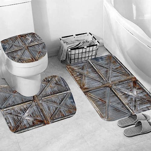 EKSED Badteppich 3 Stück Weiche saugfähige Badematten,Rustikales Holzdruck-Scheunentor im Western-Landhaus-Stil,rutschfeste Badematte Teppiche & Toilettendeckelabdeckung Set Waschbar