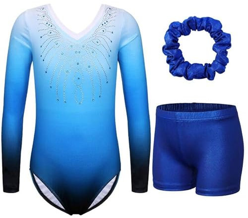 ZNYUNE Mädchen Turnanzug mit hose Haarband Set gymnastikanzug Kinder Shorts trikot turnen Ärmellos/Langarm Kleidung klassisch Turnbody B152 Blue 12A