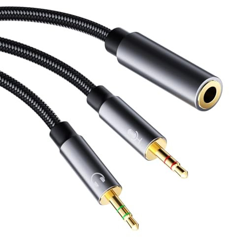 SOOMFON 3.5mm Headphone Mic Splitter Aux Female to 2 Male Dual Headphone Jack Adapter, 24K Gold-Plated Headset Splitter 2 Way Stereo Audio Splitter for Gaming Headset, Earphone, Laptop, PS4 (30cm)