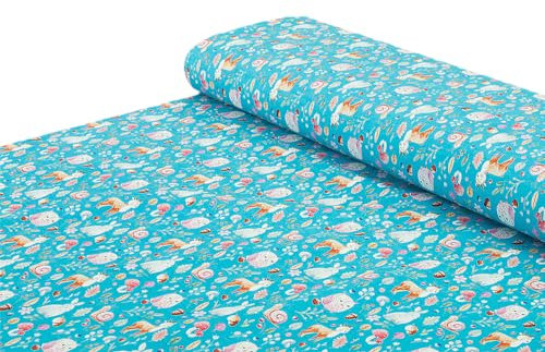 Baumwoll - Jersey Stoff Waldtiere Hirsch Eule Hase hellblau - Meterware ab 25 cm x 150 cm - Stoff zum Nähen