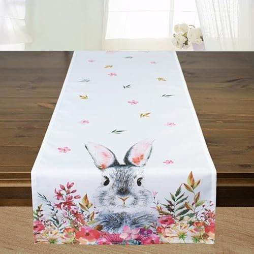 KAMACA Tischläufer Frühling Ostern Blumen Hasen Dekor Osterhasen Ostereier Bunt Waschbar Küche Esstisch Tisch Dekoration (40x140 Süßer Hase)
