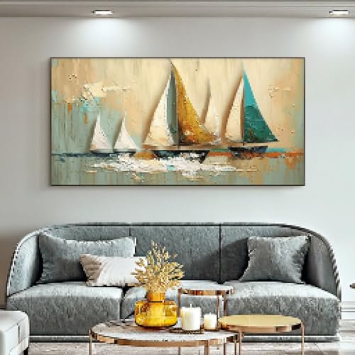 CHAOJIART Ölgemälde, abstraktes Segelboot-Ölgemälde auf Leinwand, große Wandkunst, originelles buntes Gemälde für Wohnzimmer-Wanddekoration, 30 x 60 cm, rahmenlos