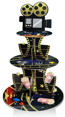 DAJISI 3-Tier Movie Night Cupcake Stand - Hollywood Themed Party Decorations, Dessert Supplies