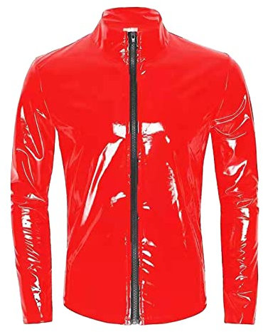 Caxndycing Lederjacke Herren Lack-Optik Jacke Kurze Mantel Wetlook Oberteile Männer Langarmshirt Kunstleder Hemd Muskelshirt Lack Leder Mesh mit Stehkragen Sexy Party Clubwear Latex Glänzend Tops