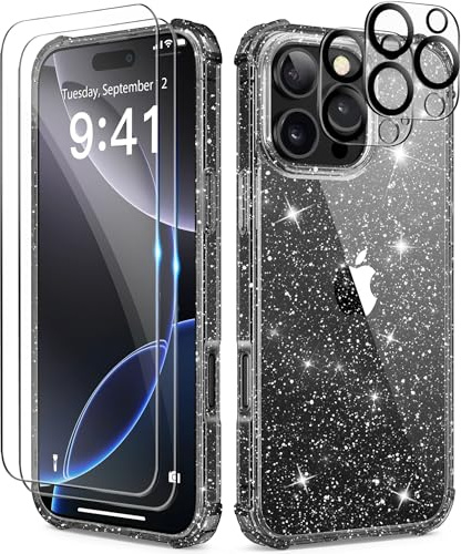 BERFY Glitter Case for iPhone 16 Pro Max, with 2X Screen Protector + 2X Camera Lens Protector, [Non-Yellowing] Clear Bling Sparkle Cute Silm Shockproof Hard Phone Case for Women 6.9, Shiny Black