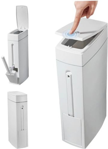 Papelera de baño de 4 x 8 x 17 pulgadas, 4,5 l, papelera delgada para baño con soporte para escobilla de baño, papelera rectangular blanca con apertura a presión, suministros para el hogar