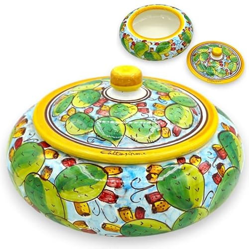 SICILIA BEDDA CAPACI Biscottiera in Ceramica di Caltagirone, Decoro Pale di ficodindia - Ø 23 e h 15 cm ca.