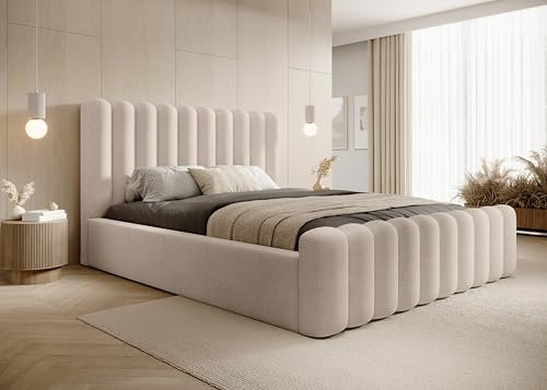 DomoHome- Modernes Polsterbett Mona VII – Komfortables Bettgestell Mit Hochwertigem Polsterstoff, Stauraum Und Dekorativem Halbwalzen-Design Für Jedes Zimmer 180x200 cm, Farbe: Beige