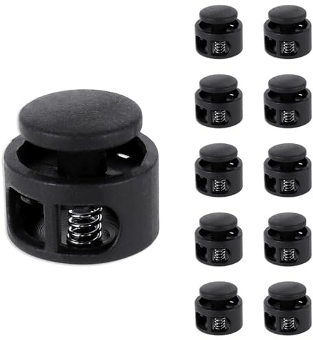 Apausvcm Lot de 10 verrous à lacets en plastique à double trou avec cordon de serrage noir pour lacets de chaussures, paracorde, vêtements, sacs, pantalons de survêtement et chapeaux, Noir , taille