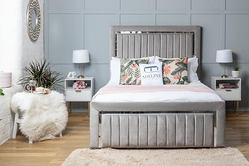 ADELINE WATERSON Cheshire Line Panel Upholstered Bed - Plush Velvet Headboard & Footboard - Gas Lift Storage With Black Board Base (Silver, Single - Gas Lift, Without Mattress)
