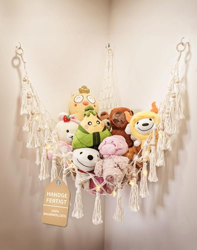 LAOYE Kuscheltier Aufbewahrung Netz Stofftier Aufbewahrung Boho Makramee kuscheltiernetz mit Pentagramm Lichterkette Warmweiß Kuscheltier Hängematte Hängend Spielzeug Organizer für Kinderzimmer