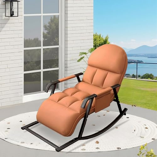 Schaukelstuhl Wohnzimmer, Schaukelstuhl mit Seitentasche, Schaukelsessel mit Verstellbares Fussteil und Rückenlehne, Schaukelstühle für Schlafzimmer, Balkon, Outdoor (Orange)