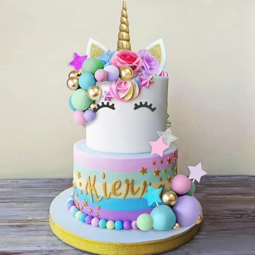 38 Stück Einhorn Tortendeko,Goldn Einhorn Kuchen Topper,Niedlich Einhorn Kuchendeko mit Blume Sterne Ball Cake Topper für Junge Mädchen Kinder Baby Dusche Geburtstag Hochzeit Party Dekoration
