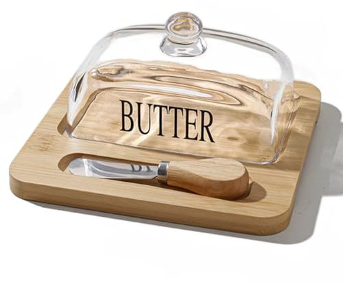 Mskidand Elegant Nordic Style Butter Dish with Lid, Wooden Tray & Glass Cover - Stylish Kitchen Accessory with Butter Cutter A