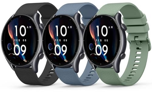 Amzpas 3 Stück Armband für Amazfit GTR 3 Armband,22mm Silikon Ersatzarmbänder Uhrenarmband für Amazfit GTR 4/3Pro/2/2e/Balance/Stratos 2S/Pace/Bip 5/BIP 6(Schwarz/BlauGrau/Grün)