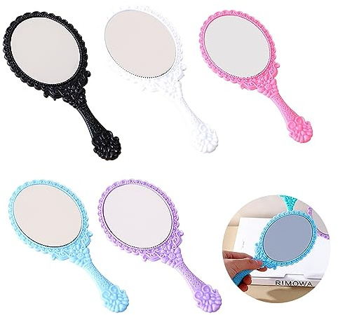 SEPWGUMD Handspiegel im Prinzessenstil, Kompaktspiegel, Vintage-Stil, mit Handgriff, praktisch, süß, Kunststoff, schwarz, weiß, blau, rosa, Purpur, 5 Stück, Beauty Handspiegel,mit Griff