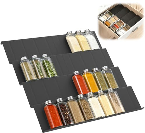 Euqvunn 8er Pack Gewürzregal Schublade für bis zu 32 Gewürzgläser, Erweiterbares Gewürz Organizer Schublade Verstellbar von 23 cm bis 46 cm, Schubladeneinsatz Gewürze für Küche, Regal (Schwarz)