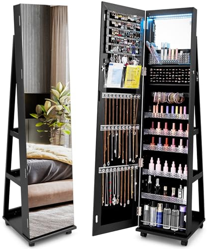 RELAX4LIFE Armoire à Bijoux à Roulettes 360º avec Miroir Pleine Longueur, Miroir sur Pied avec Rangement Bijoux, Éclairage LED, 5 Étagères Réglables pour Bague Bracelet (Noir)