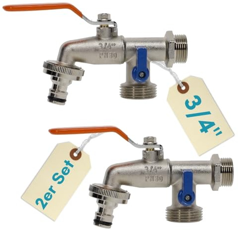 2er Set Garten Wasserhahn Kugelhahn 3/4 Zoll Doppelanschluss | Außenwasserhahn, Doppelwasserhahn, Mit Schlauchanschluss