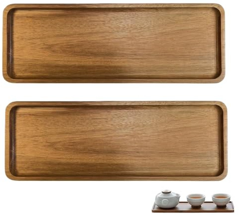 Rdunulioo 2-Pack Solid Acacia Wood Trays – 29 x 10.8 cm Rectangular Serving and Organizer Trays with Raised Edges, for Kitchen, Bathroom Vanity, Countertop Organization, and Food Display