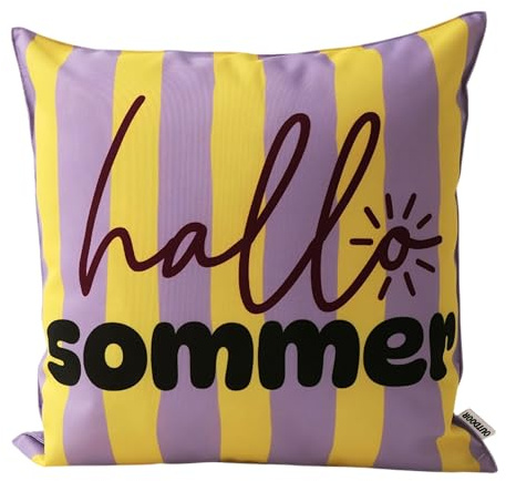 CB Home & Style Outdoorkissen Gartenkissen Wasserabweisend Wasserfest mit Streifen Hallo Sommer Bella Ciao La Dolce vita 45x45cm mit Füllung (Gelb/Lila - Hallo Sommer)