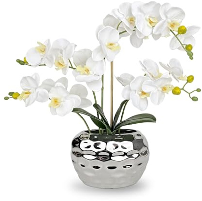PlusFive Artificial Orchid, 48cm White Orchid Artificial Flowers in Pot, Fake Orchid Silk Phalaenopsis Flower Arrangement, Orchid Plant for Housewarming Gift Table Window Sill Home Decor
