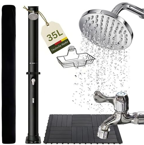 novaterra® Solardusche schwarz mit 35L Tank - Gartendusche & Campingdusche mit Bodenelement, Regenduschkopf, Fußdusche, Schutzhaube & Ablage, Solardusche Garten, Wassererwärmung bis 60°C