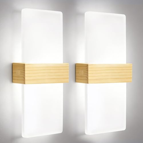 DAGORD 2 piezas Apliques de Pared Interior Madera 6500K Blanco Frío 12W | Lámpara de Pared LED Moderna en Acrílico Luz Arriba y Abajo Iluminacion Indirecta para Dormitorio Pasillo Escalera Salón