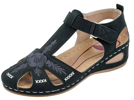 Générique Sandales Femme Bout Fermé à Broderie Florale, Bride T-Strap Scratch Réglable, Semelle Compensée Ergonomique Confortables pour Été Marche Quotidienne Décontractées