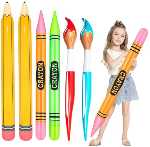 Nzkeuf 6 Stück XXL Stift Luftballon Einschulung Deko Set für Junge Mädchen | Aufblasbarer Bleistift 110cm, Aufblasbares Pinsel 110cm, Aufblasbare Buntstifte 105cm für Geburtstag, Einschulung Party