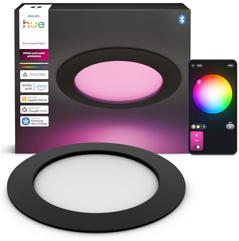Philips Hue Slim Downlight, Smarte LED-Beleuchtung, 1.000 lm, 90 mm, Schlankes Design, Vollspektrum-Tagesl. 1.000–20.000 K, Extrem Stufenlos Dimmbar, Präzise Farbe, Smart Lighting, Schwarz, 3er-Pack