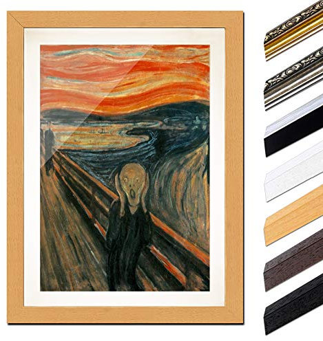 Bild mit Rahmen - Edvard Munch Der Schrei 20x30 cm ca. A4 - Gerahmter Kunstdruck inkl. Galerie Passepartout Alte Meister - Rahmen buche