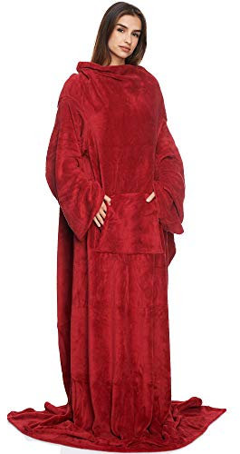 made2trade Weiche Kuscheldecke mit Ärmeln, Bauchtasche und Handyfach - aus fedeleichtem Coral-Fleece - Bordeaux - Gr. 170x200cm
