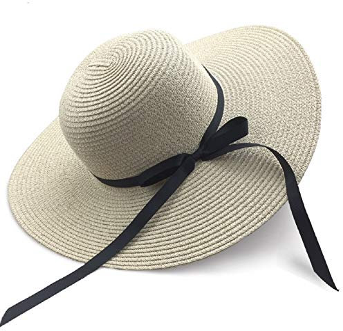 Eight Space Femme Chapeau de Soleil, Floppy Pliable Bowknot Large Bord Large Paille Femmes Chapeaux d'été Plage Cap Protection UV Summer Beach Cap pour Voyage (Beige)