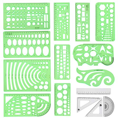Angrox Geometric Drawings Templates Measuring Geometry Rulers 15 Pcs with 1 Pack File Bag for Design School Studying Office Building…