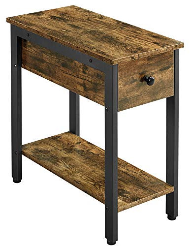 Yaheetech 2-Tier Industrial Side Table with Drawer, Narrow Nightstand Endtable, Wood Metal BedsideTable for Small Space/Living Room/Bedroom, Rustic Brown
